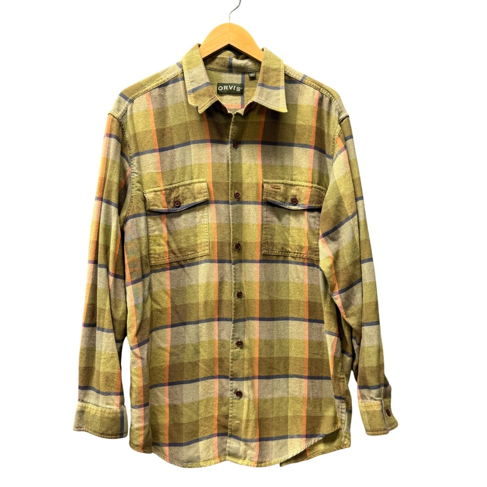 Orvis Flannel Shirt Mens Large L Fairbanks Green Orange Plaid Button Up Cotton